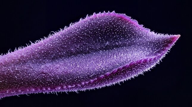 Macro shot reveals intricate white hairs on purple succulent leaf