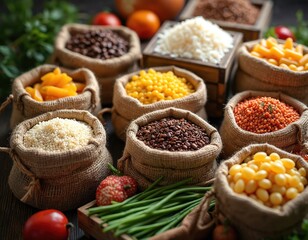 Fototapeta premium Various uncooked grains and legumes like rice, lentils, and pasta fill burlap sacks. Fresh vegetables and tomatoes surround the assorted dry food products, creating an abundant pantry display.