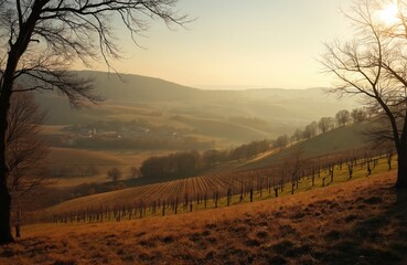 Fototapeta premium Golden hour sunbeams illuminate rolling hills and bare trees in a serene countryside. Rows of vines stretch across a field, hinting at an autumn harvest in a quiet rural setting.