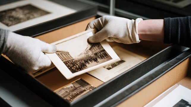 Archivist in Plain Gloves Carefully Lifting Old Sports Photograph from Storage Box, Subject on Right
