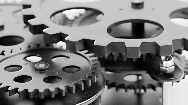 Top view of rotating metal gears in a mechanical system. Industrial machinery background with interlocking cogwheels, precision engineering and synchronized motion.