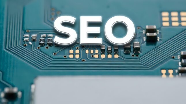 SEO text on circuit board background representing search engine optimization technology and digital marketing strategies for online business growth.