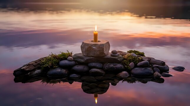 Zen meditation stone cairn with burning candle surrounded by smooth river rocks and moss, floating on calm water during golden sunset hour.
