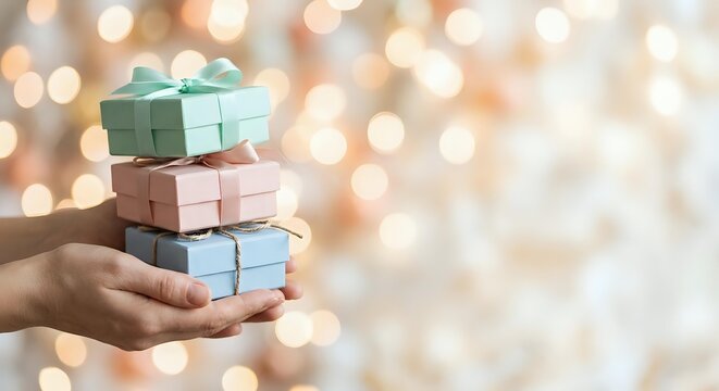 Hands holding stack of colorful gift boxes with ribbons against warm bokeh lights background for holidays and celebrations.