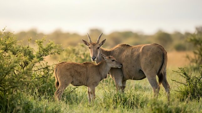 Male impala antelope with young offspring showing affection in African savanna grassland during golden hour sunset with acacia trees in background.