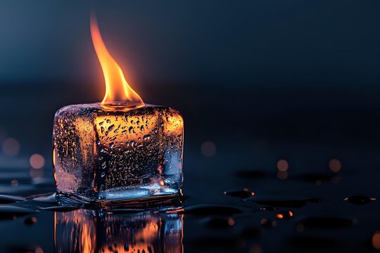 Burning ice cube with bright flame on reflective surface creating dramatic contrast between fire and ice elements for creative conceptual designs.