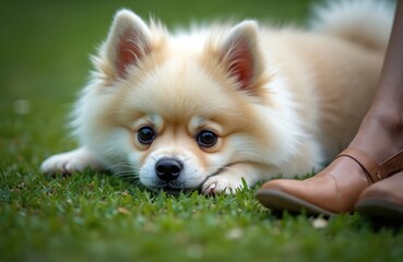 Obraz premium Fluffy dog rests on green grass near owner feet. Small pet waits patiently for command. Loyal canine friend sits outdoors. Friendly animal bond.