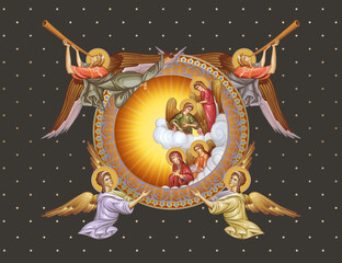Fototapeta premium Blessed Virgin Mary and Angels. Decorative vintage illustration with angels in Byzantine style