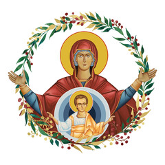 Fototapeta premium Blessed Virgin Mary and Jesus Christ. Decorative vintage floral wreath, illustration in Byzantine style isolated