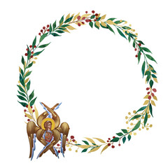 Fototapeta premium Saint Matthew the Apostle symbol. Decorative vintage floral wreath, illustration in Byzantine style isolated