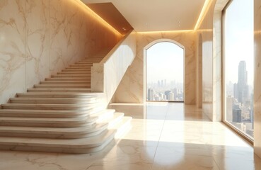 Fototapeta premium Luxurious modern interior with marble staircase and arch window. Sunlight streams into a spacious hallway with city skyline view. Building architecture is bright and clean.