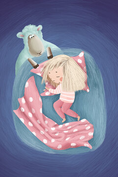 Restless Little Girl Sleeping While a Sweet Sheep Cares. Drawn Illustration