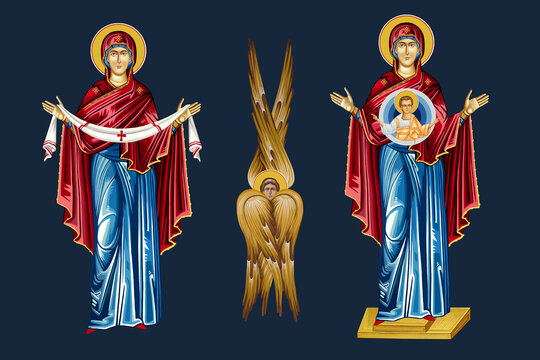 Christian religious illustration set with Blessed Virgin Mary in Byzantine style