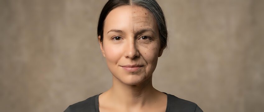 Middle-aged Caucasian woman with natural aging process showing half face with wrinkles and half with smooth skin for skincare and beauty treatment concepts.