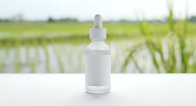 White dropper bottle with pipette on clean surface against blurred green agricultural field background for natural skincare and wellness products.