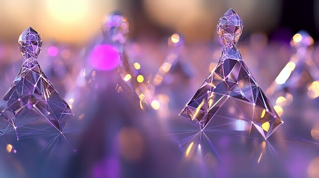 Sparkling crystal diamonds with prismatic light reflections creating rainbow bokeh effects on purple gradient background for luxury jewelry design.