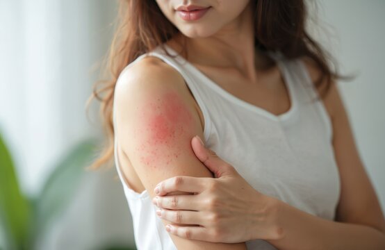 Young asian woman shows red rash on her arm from allergy or insect bite. Skin irritation and itchiness causes discomfort and scratching. Medical consultation for skin condition is needed.