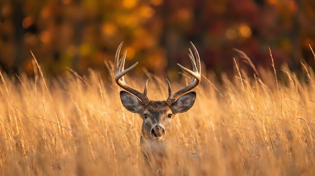 Majestic white-tailed deer buck with antlers standing in golden autumn grassland during sunset with warm bokeh background for wildlife and nature themes.