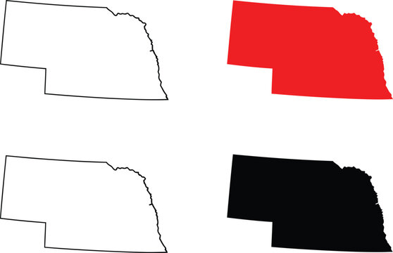 Four distinct visual representations of the nebraska state map outline in various graphic styles. Vector