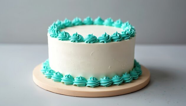 Plain white cake with turquoise frosting swirls borders top and bottom. Empty space on top for custom text or decorations. Minimalist design ideal for any celebration or baking theme.