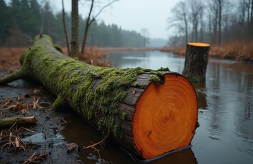 Naklejka premium Felled tree trunk lies in swampy water, covered in green moss. Beaver gnawed stump stands nearby in wetland forest. Nature cycle of destruction and regrowth is apparent.