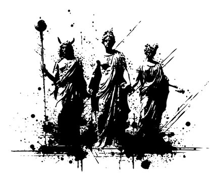 Three classical greek statues standing in a row depicted in messy ink style