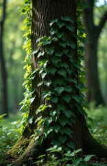 Naklejka premium Tree trunk with green ivy leaves climbing on bark. Sunlit deciduous forest floor. Nature background detail shows plant growth and natural patterns.