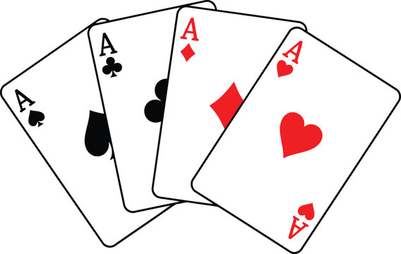Four aces from a standard deck of playing cards arranged in a fan shape against a white background. Vector