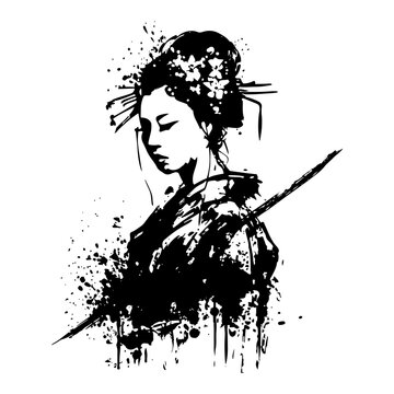 Elegant portrait of a Japanese geisha woman with flowers in ink splash style