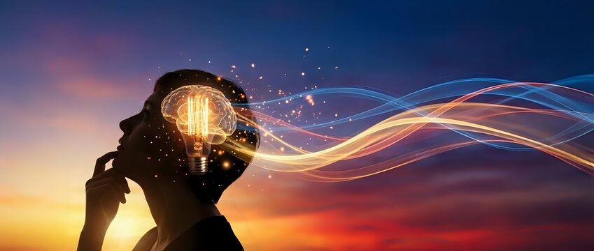 Human silhouette with glowing brain and flowing energy waves against dramatic sunset sky representing artificial intelligence and mental power.