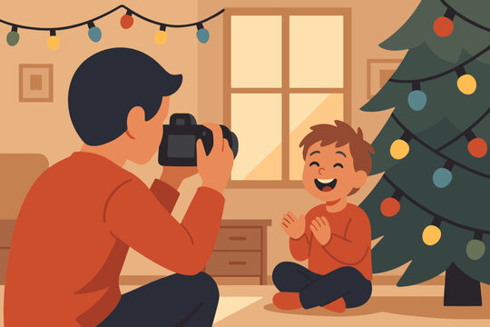 Father taking a photo of his happy son near a decorated Christmas tree at home
