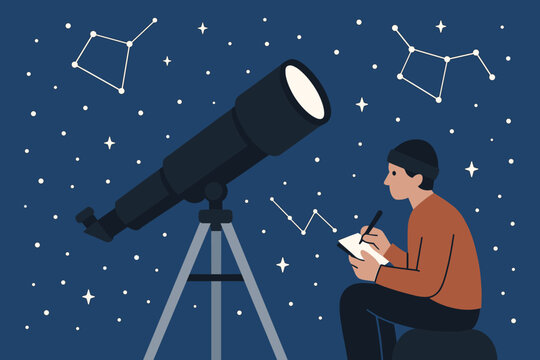 Person observing constellations through a telescope and taking notes