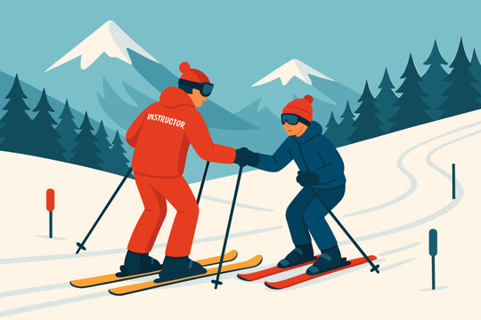 Ski instructor helps beginner skier on snowy mountain slope during lesson