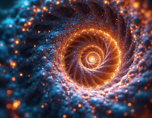 Fototapeta premium Abstract fractal spiral with glowing orange particles. Swirling vortex creates a magical, infinite digital tunnel effect. Perfect for tech or sci-fi backgrounds.