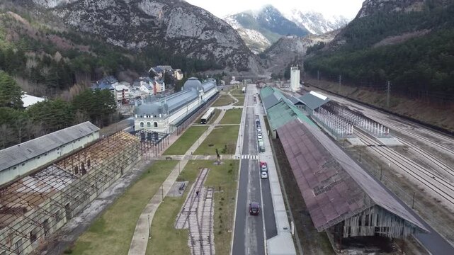aerial view of the train station of Canfranc in the pyrenees