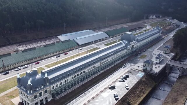 aerial view of the train station of Canfranc in the pyrenees