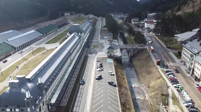 aerial view of the train station of Canfranc in the pyrenees