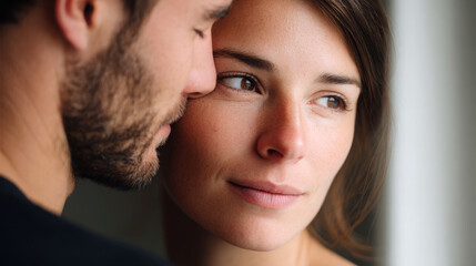 Obraz premium Close-up portrait of a couple, a man with a beard and a woman with long hair, gazing at each other with soft expressions in a well-lit indoor setting