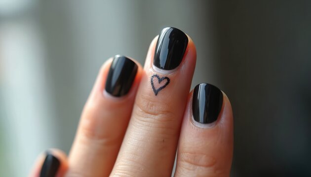 Hand with black nails shows tiny heart tattoo on finger. Simple line art design symbolizes love and beauty. Modern minimalist body art is subtle and pretty.