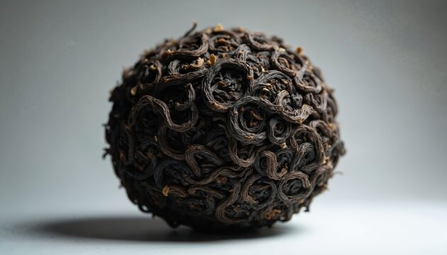 Close view of dried lao cong shui xian oolong tea leaves compressed into a round shape. Loose tea pile shows fine details and texture on gray background. Healthy beverage ingredient.