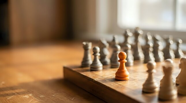 Strategic chess game with wooden pieces on board showing leadership and business planning concepts for corporate training materials.