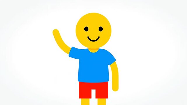 A cheerful cartoon character wearing a blue shirt and red shorts waves happily.