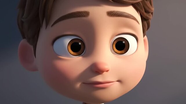 A close-up shot of a cartoon boy with brown hair looking surprised in a studio