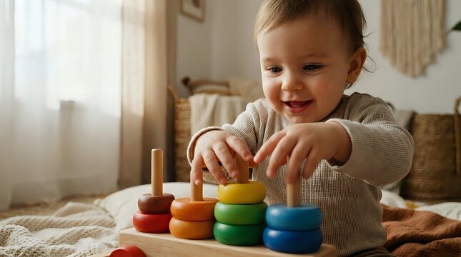 Happy toddler boy playing with colorful wooden stacking rings toy in bright nursery room. Child development, early learning, educational toys concept.