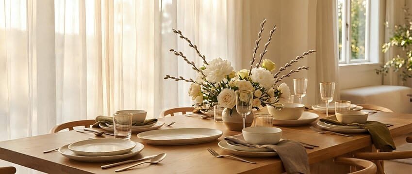 Elegant dining table set with neutral tableware, pussy willow branches centerpiece, and warm natural lighting for spring entertaining and home decor.