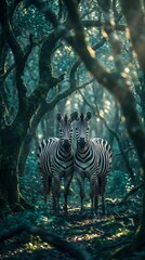 Fototapeta premium Two zebras standing together in enchanted forest with dappled sunlight filtering through ancient trees creating magical atmosphere for wildlife photography.