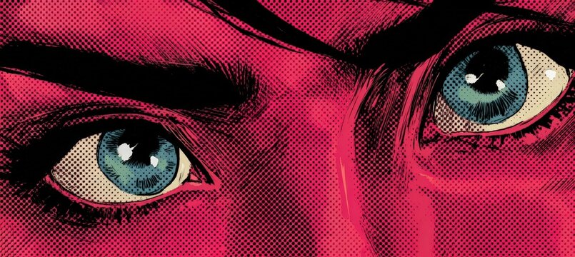 Comic Book Panel Close-Up of Eyes Glowing with Energy, Bold Outlines, Halftone Dot Shading