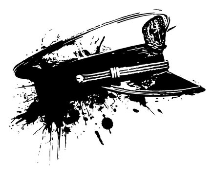 Military officer cap or captain hat with badge in artistic black ink splatter style