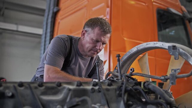 Professional auto mechanic performs maintenance on the huge diesel engine of a cargo truck at the factory 