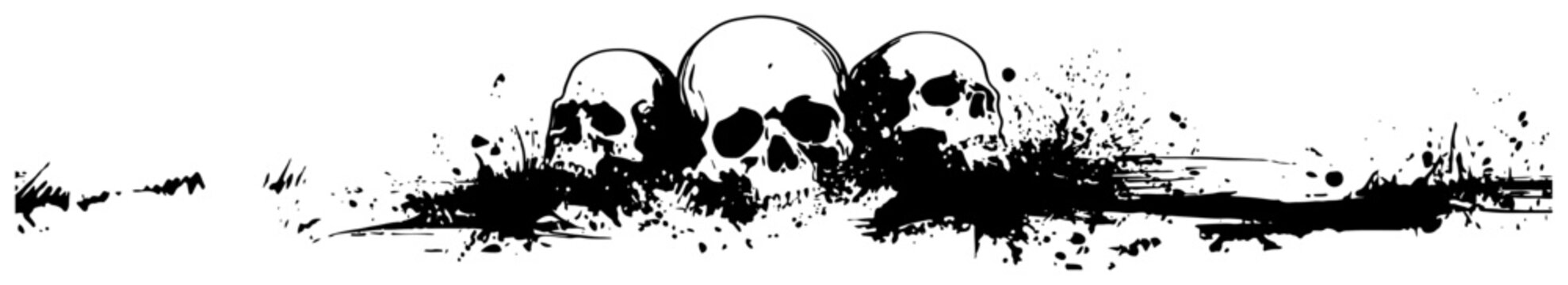 Three human skulls in a horizontal border composition with black ink splatters